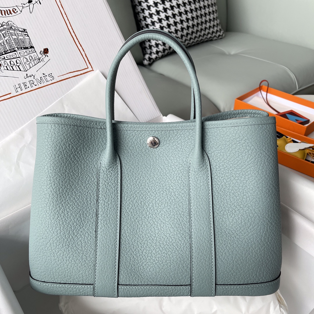 Hermes Garden Party 30cm Tote Handbag In Grey Blue Clemence Leather